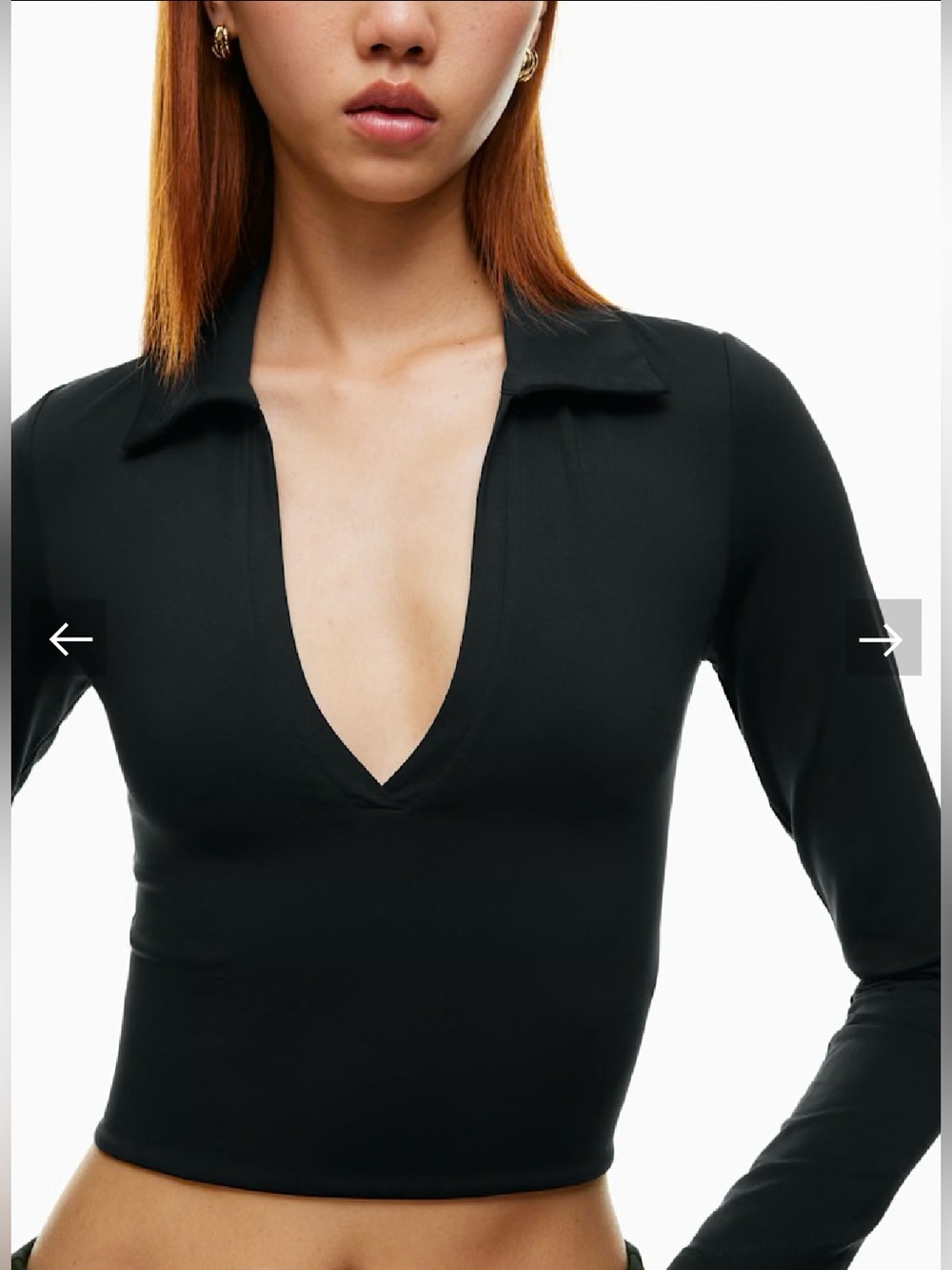 Aritzia Babaton Contour Polo Black Long-Sleeve Deep V Fitted Crop Top Large